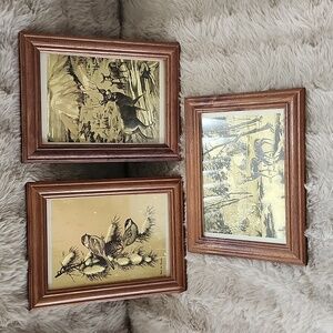 Vintage signed etched foil art wood framed small deer birds woods scene